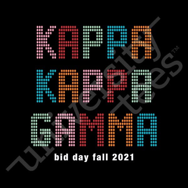 Design showing Kappa Kappa Gamma in multiple colors with bid day fall 2021 at the bottom